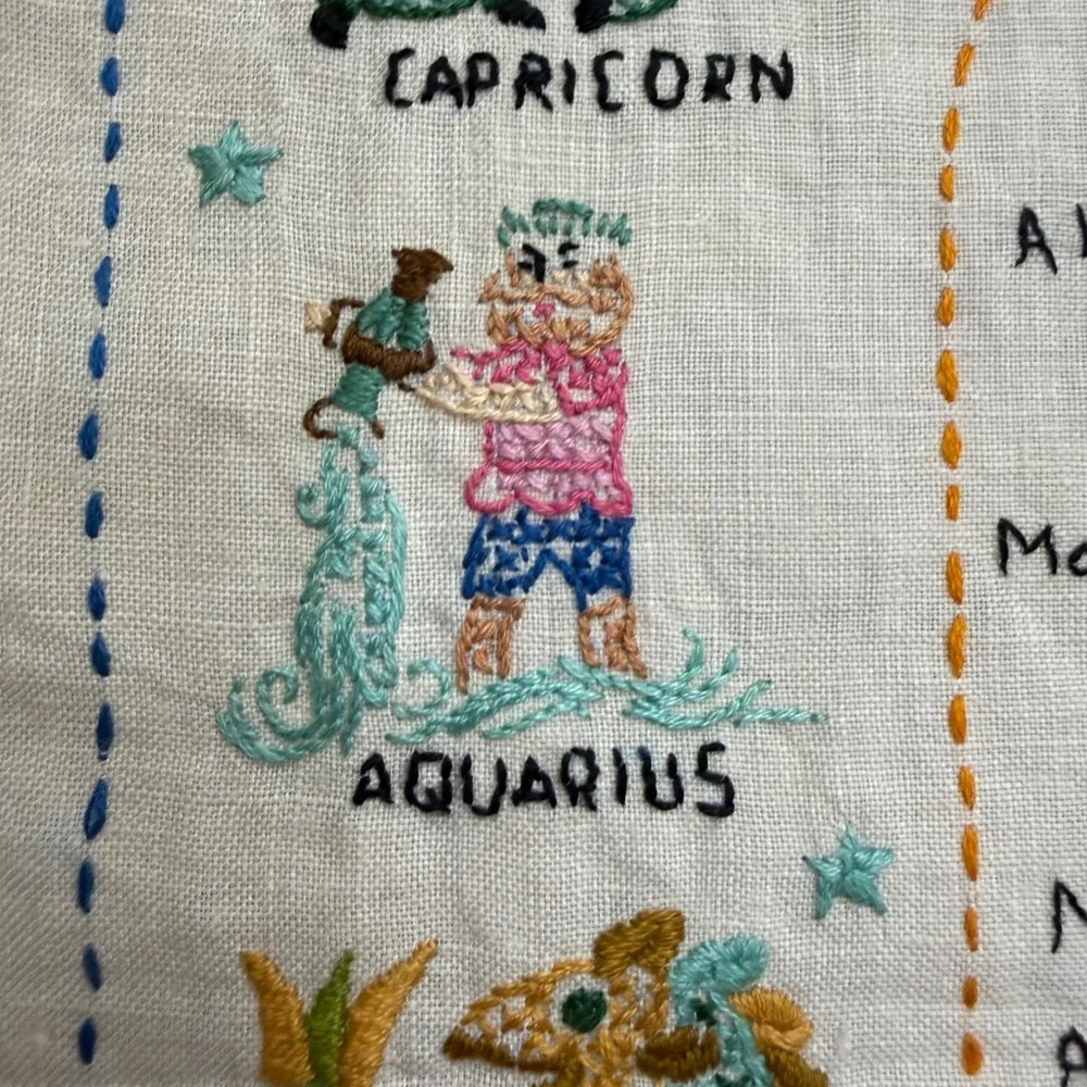 Vintage Zodiac Astrology Hand Finished Cross Stitch Bohemian Folk Art Embroidery